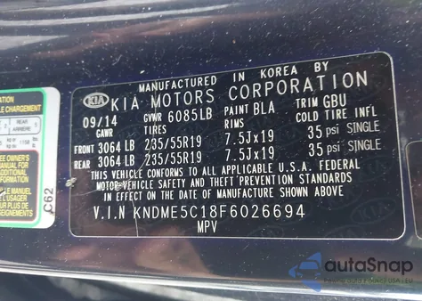 2015 Kia Sedona Sx Luxury из США, поврежденный, VIN KNDME5C18F6026694